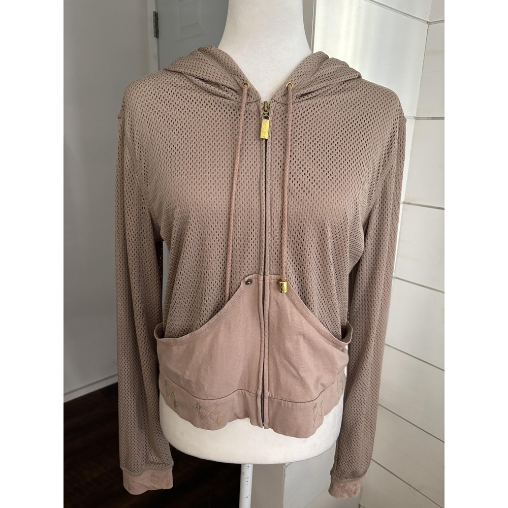 Baby Phat Hoodie Jacket Womens XL Taupe Mesh Zip Up Gold Logo Cat Y2K Streetwear